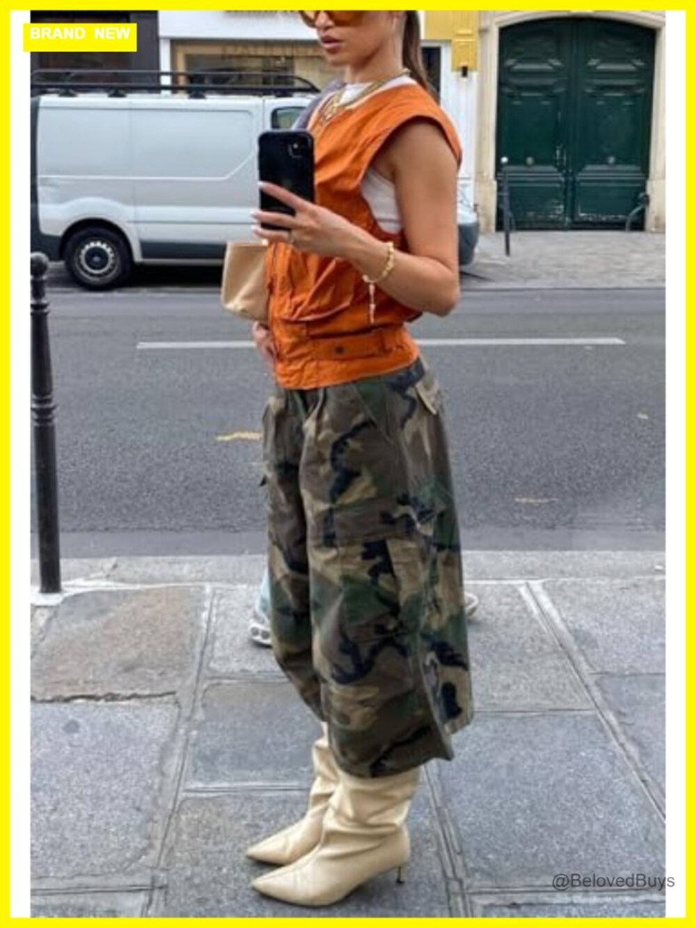 Wide Leg High Waist Cargo Crop Pants Capri Camo Denim - Picture 6 of 6